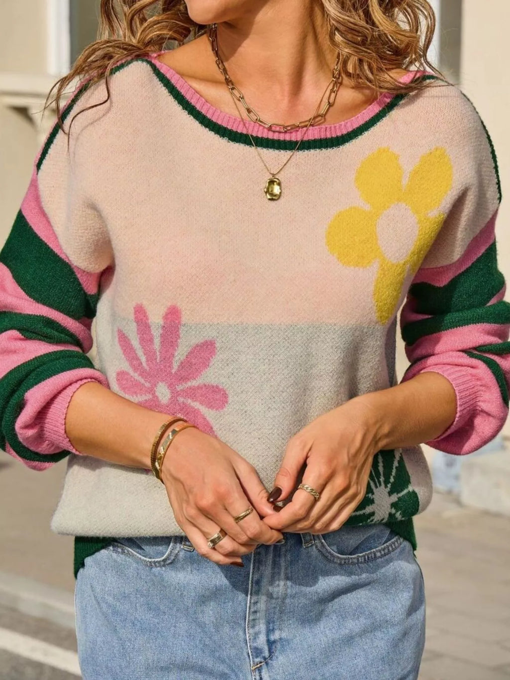 Floral Striped Sleeve Round Neck Sweater