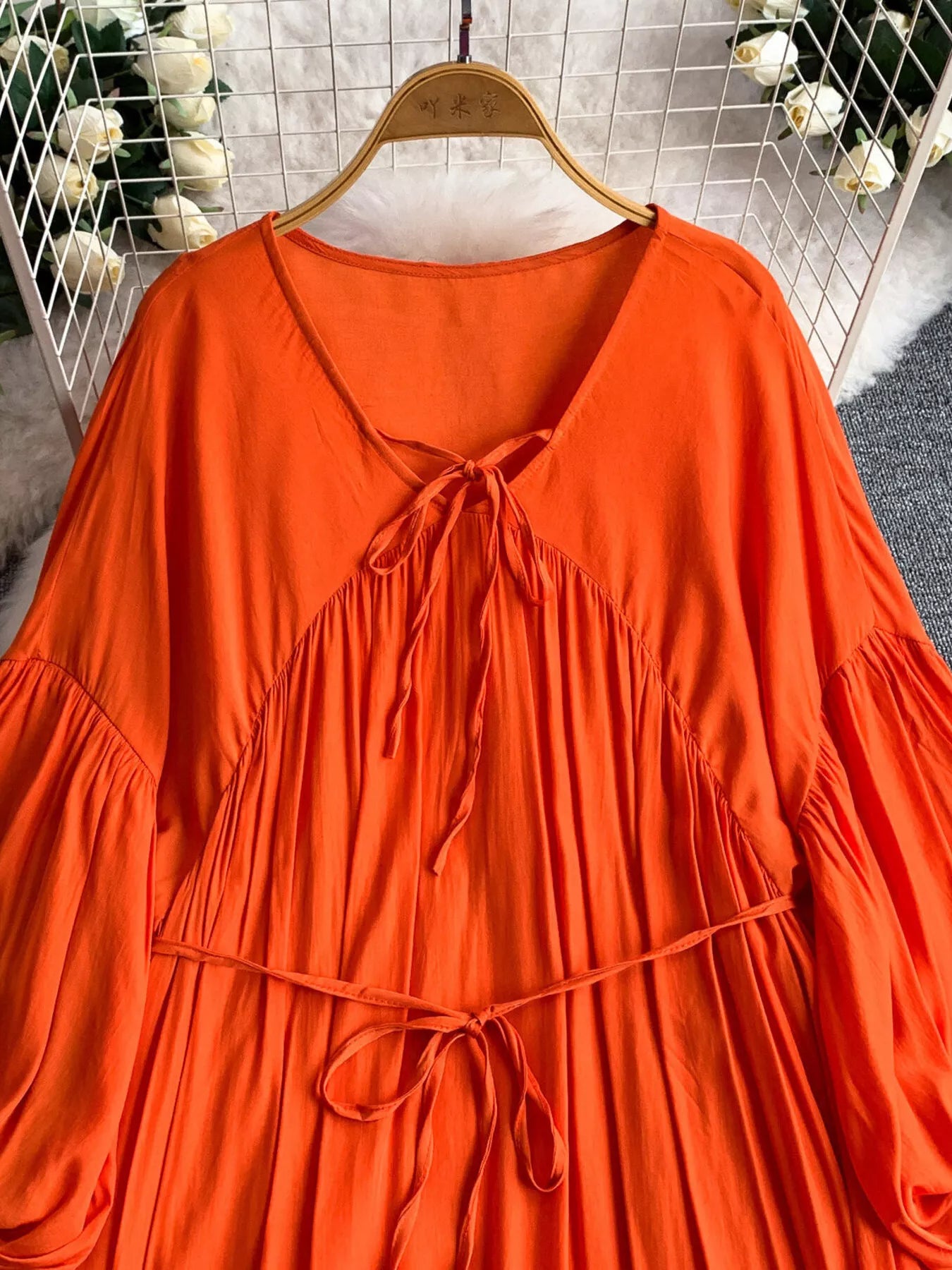 Balloon Sleeve Tie-Waist Dress