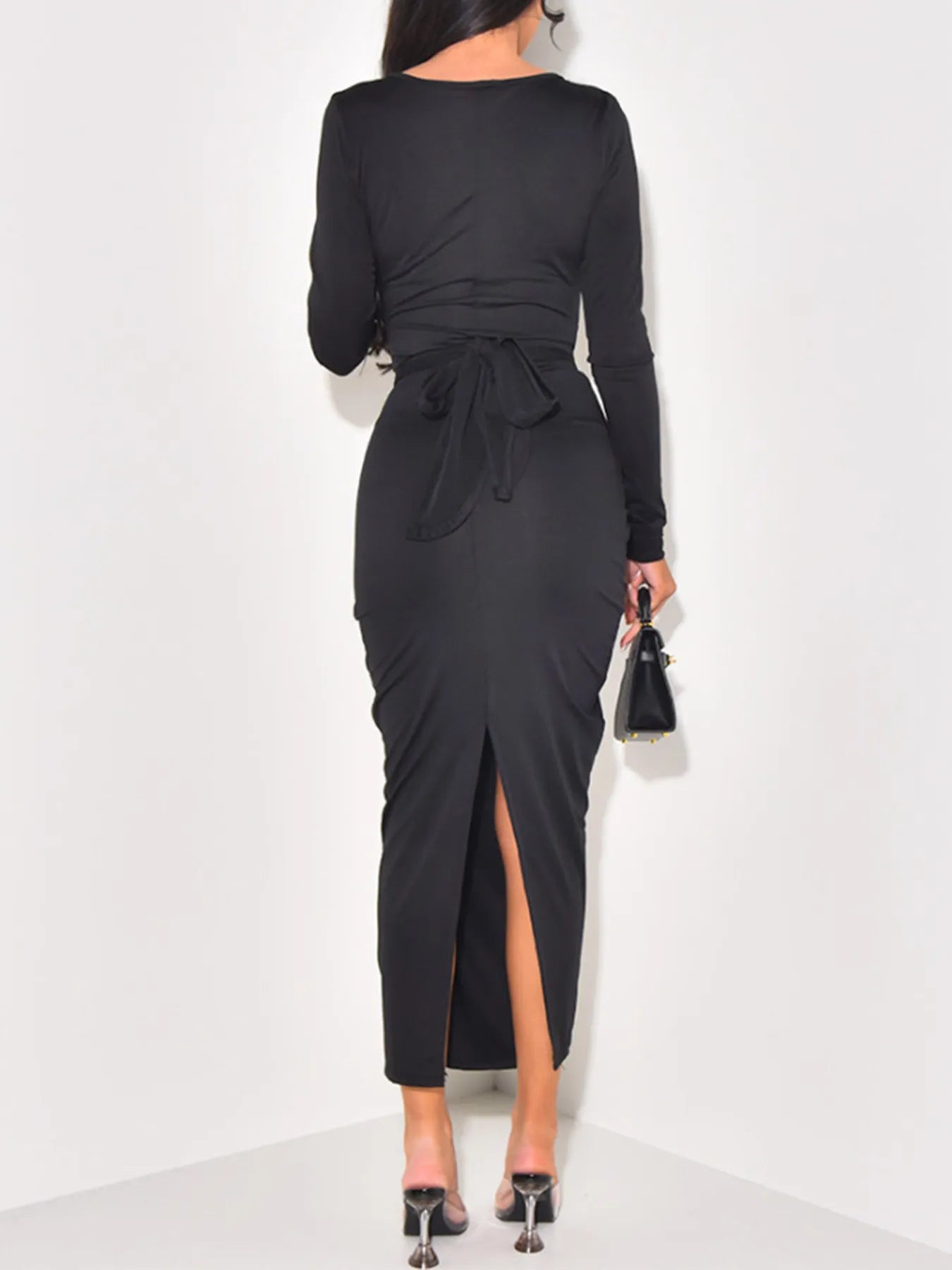 Long Sleeve Tie-Front Bodycon Maxi Dress