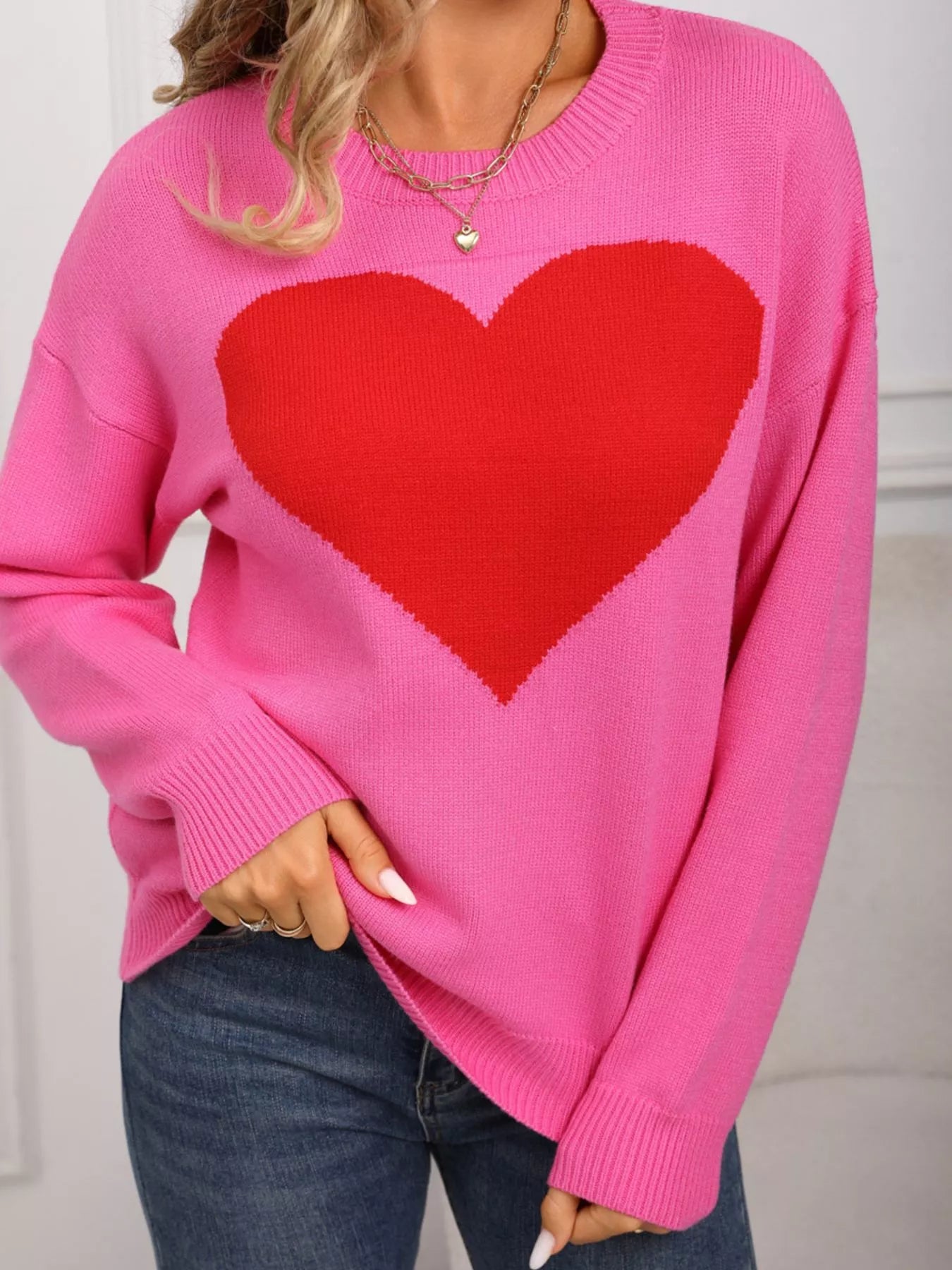 Valentine's Day Heart Round Neck Dropped Shoulder Sweater