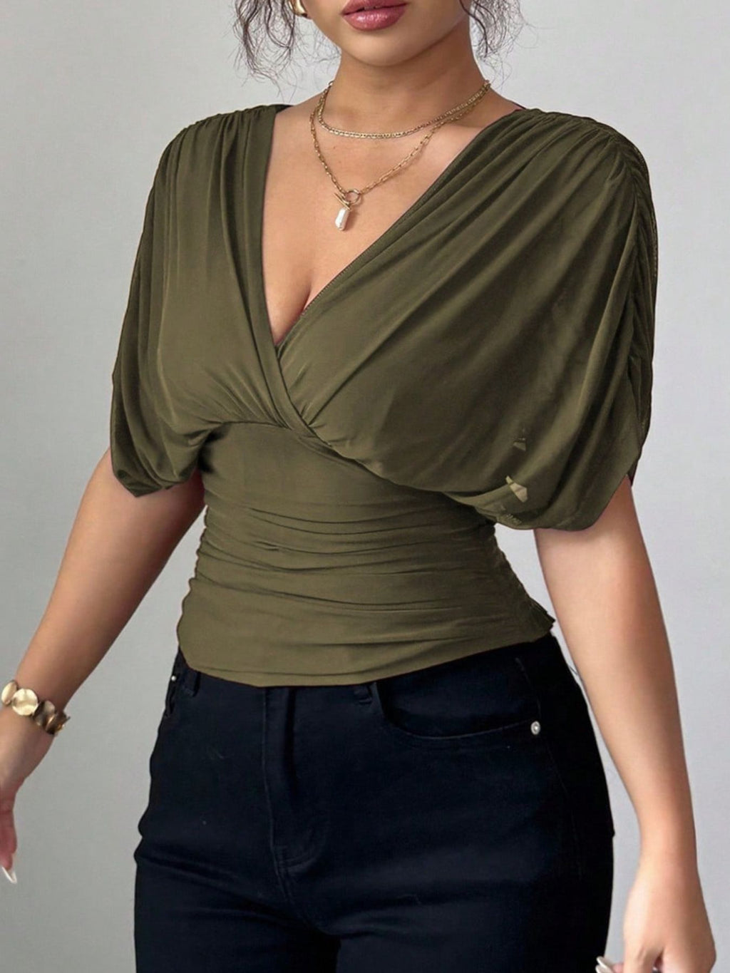 Ruched Surplice Short Sleeve Top