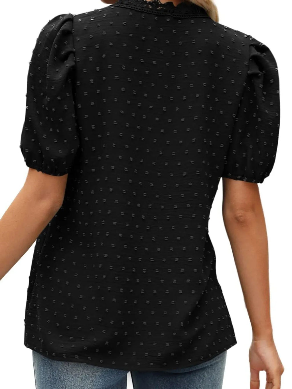Puff Sleeve Swiss Dot Lace Trim Blouse