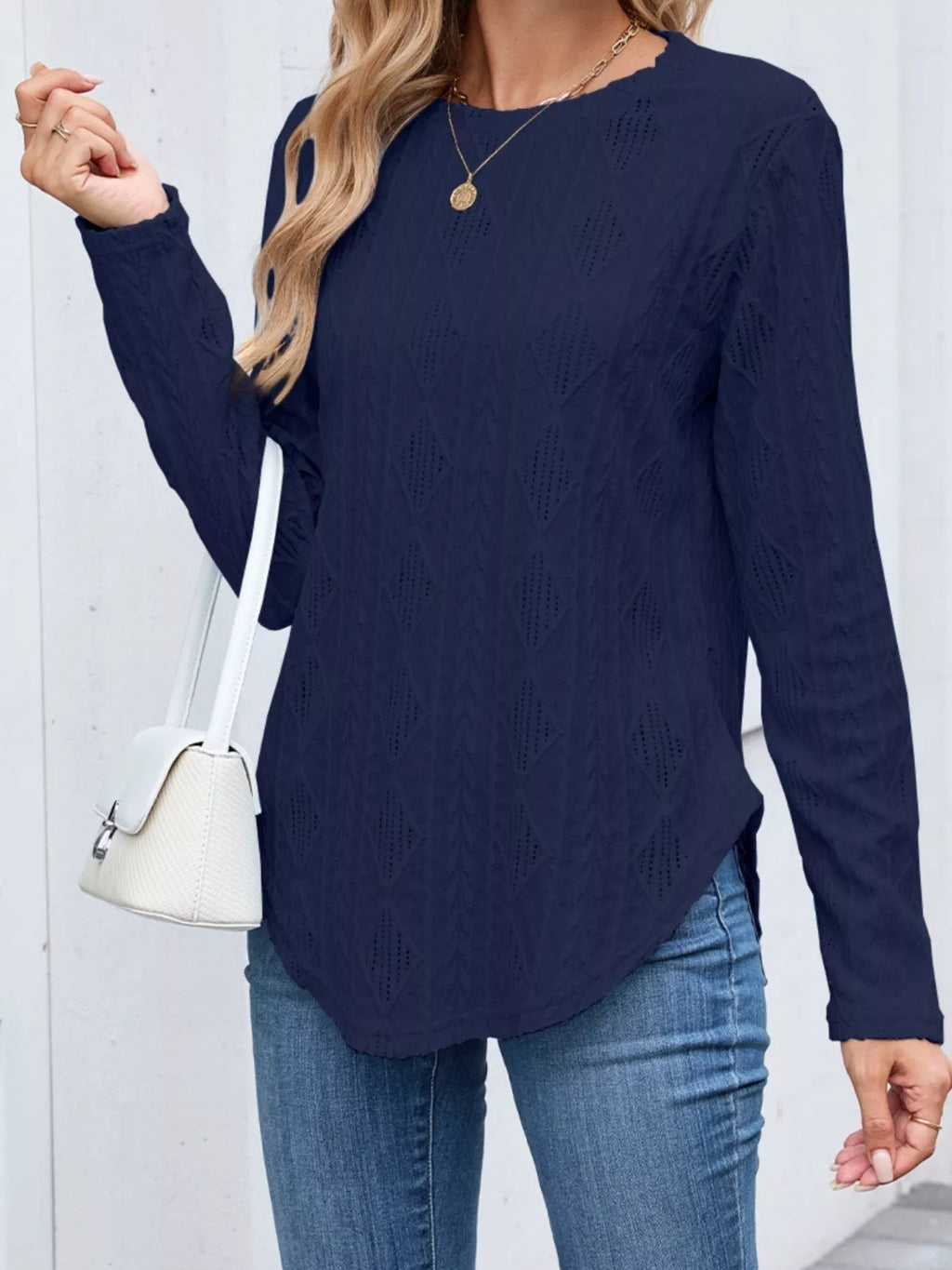 Diamond Pattern Knit Long Sleeve T-Shirt