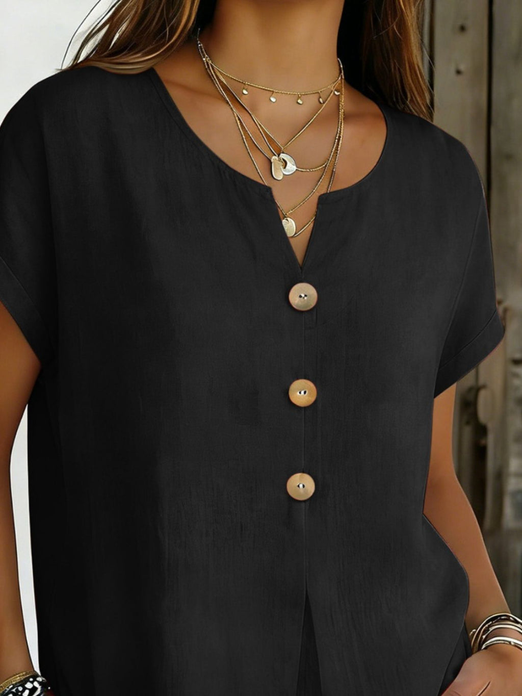 Decor Button Short Sleeve Blouse