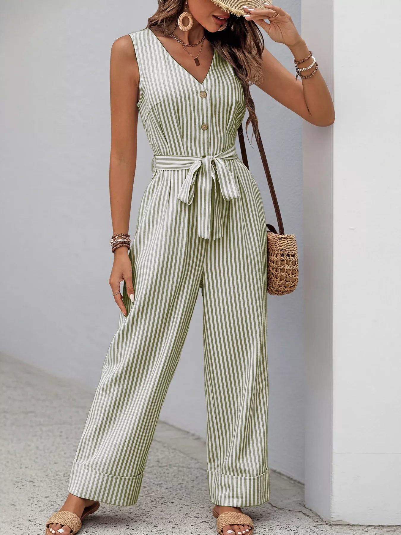 Striped Button-Front Tie Waist Wide Leg Jumpsuit