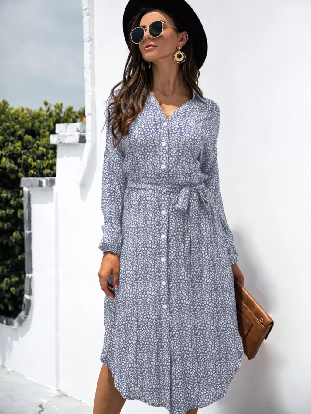 Button Down Printed Long Sleeve Shirt Dress