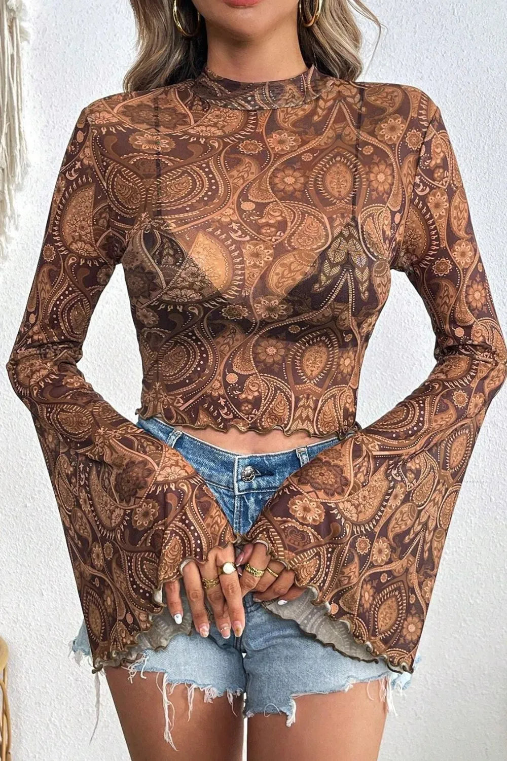 Printed Mock Neck Flare Sleeve Top