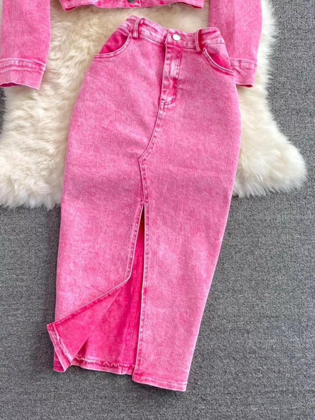 Button Up Jacket and Slit Skirt Denim Set
