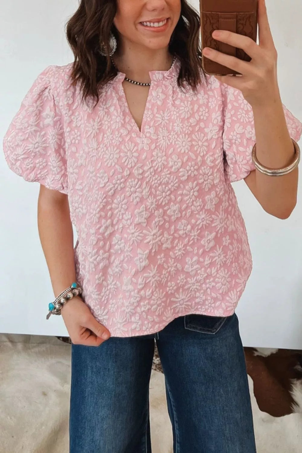 Textured Floral Puff Sleeve Blouse
