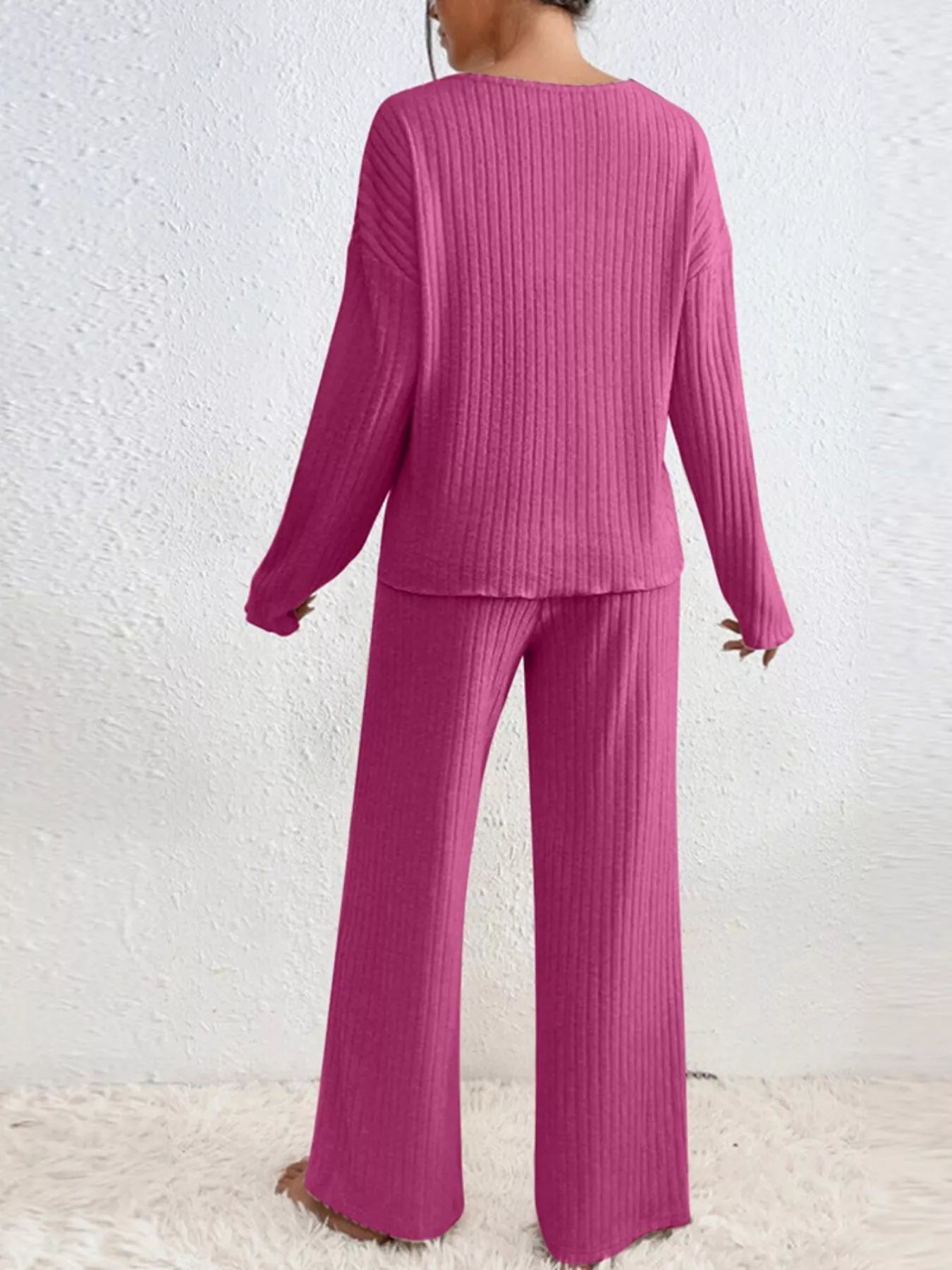 Ribbed Knit V-Neck Top and Pants Set