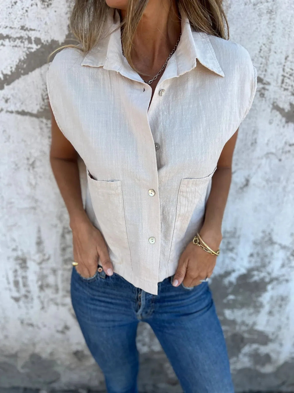 Full Size Textured Button-Front Sleeveless Shirt Plus Size