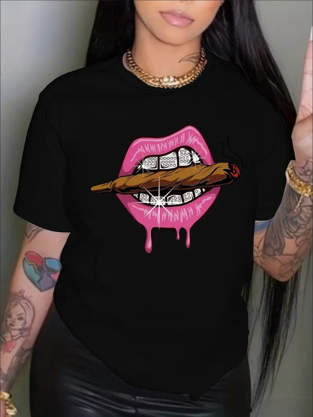 Women’s Lips Print Crew-Neck Tee