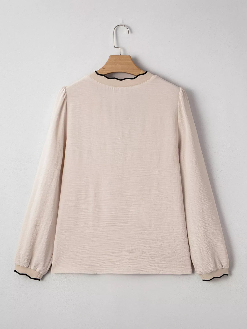 Contrast Scallop Trim V Neck Long Sleeve Blouse