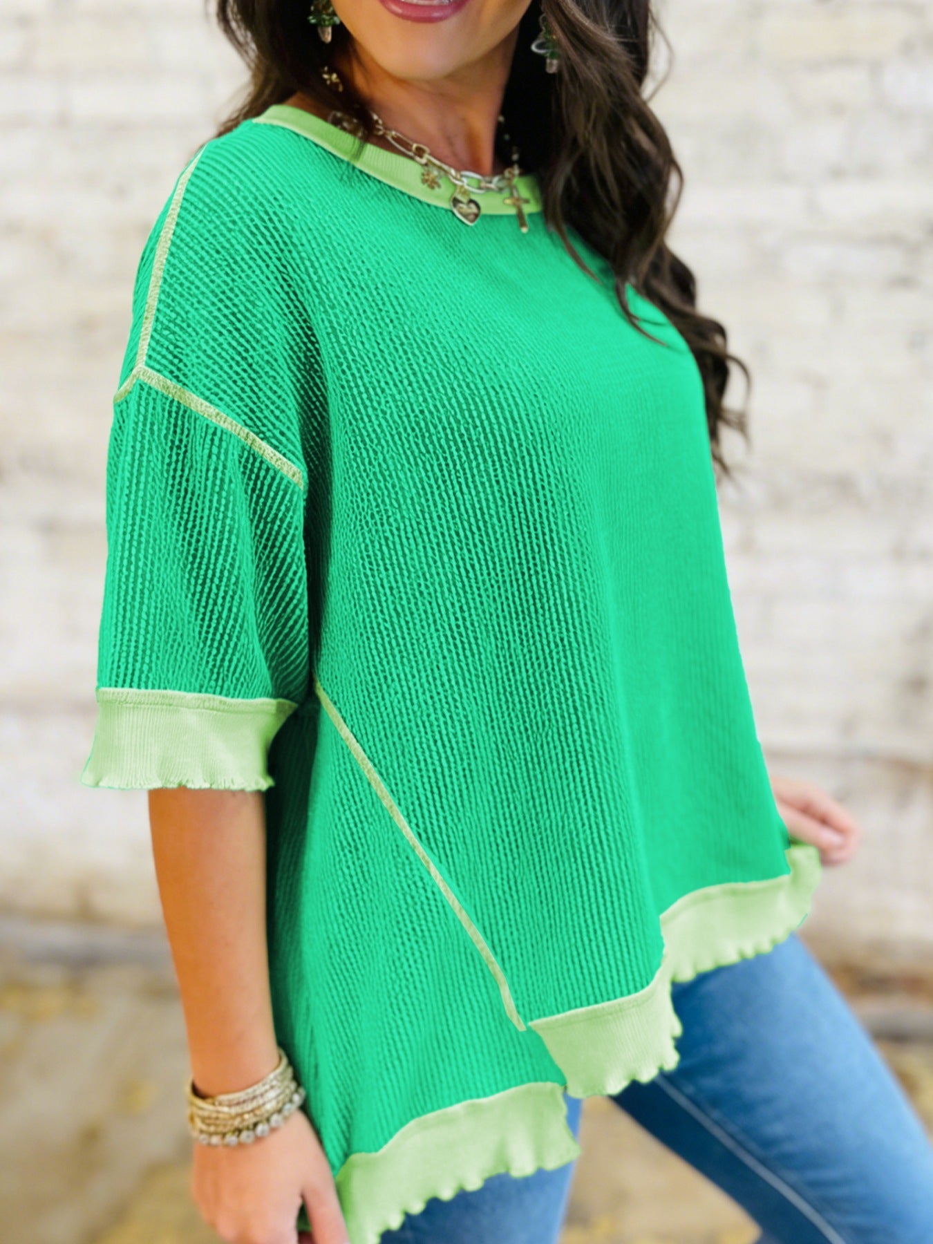 Loose Uneven Hem Twist Ribbed T Shirt