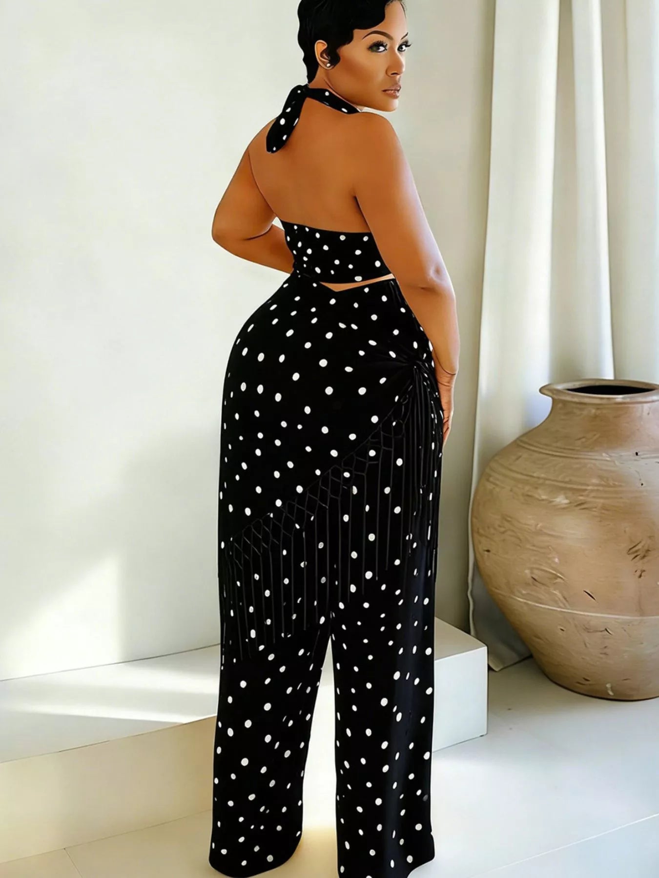 Polka Dot Halter Neck Cami and Fringe Trim Pants Set