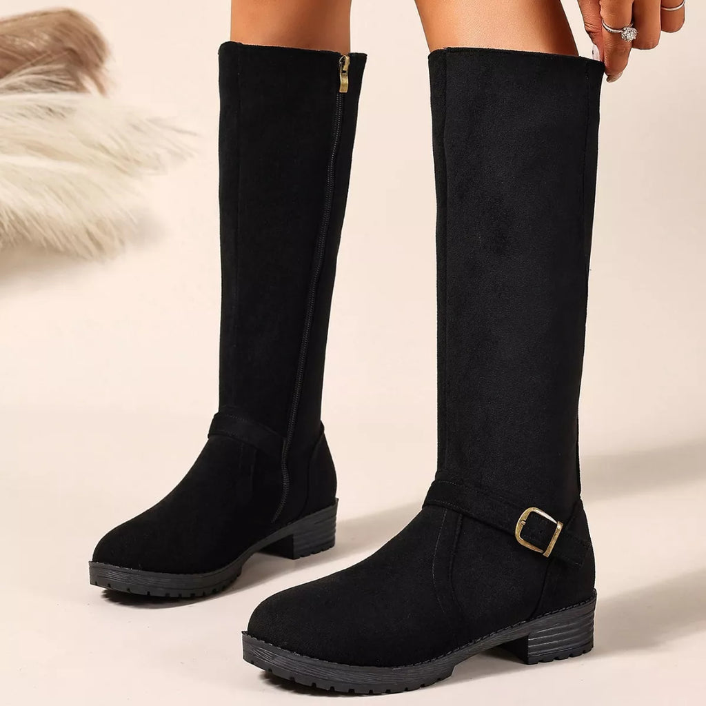 Knee-High Suede Buckle Accent Boots