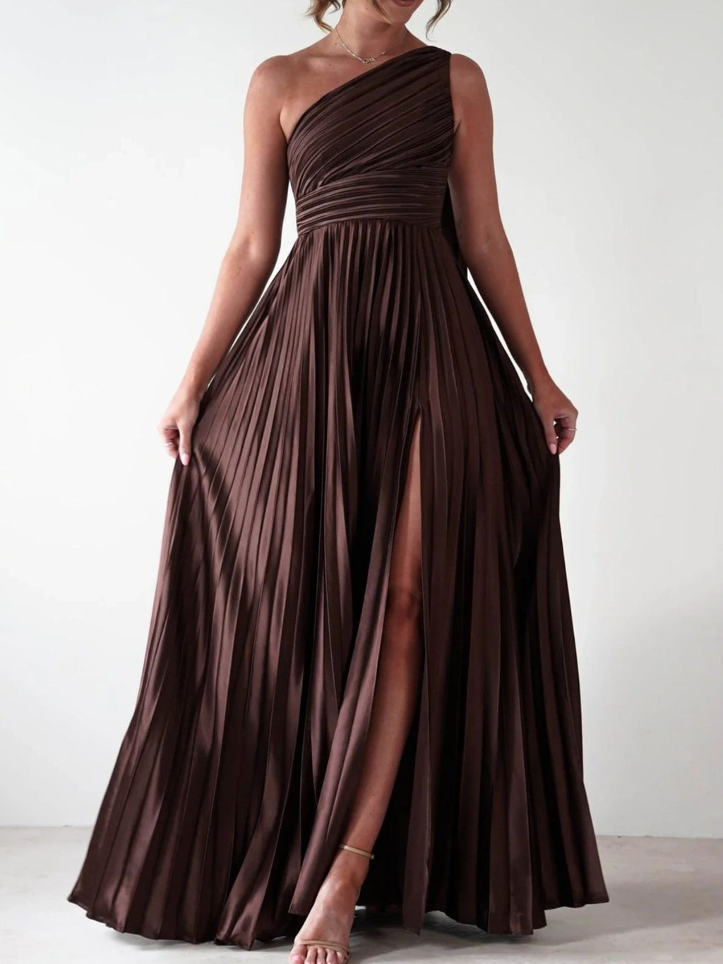 One-Shoulder Pleated Slit Maxi Dress