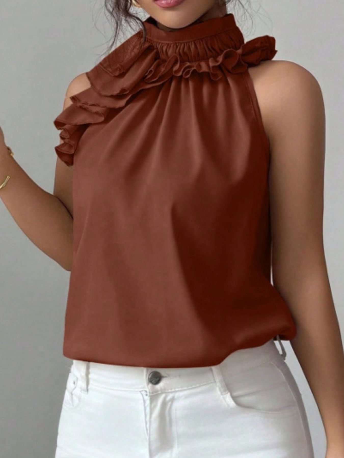 Ruffle High Neck Sleeveless Top