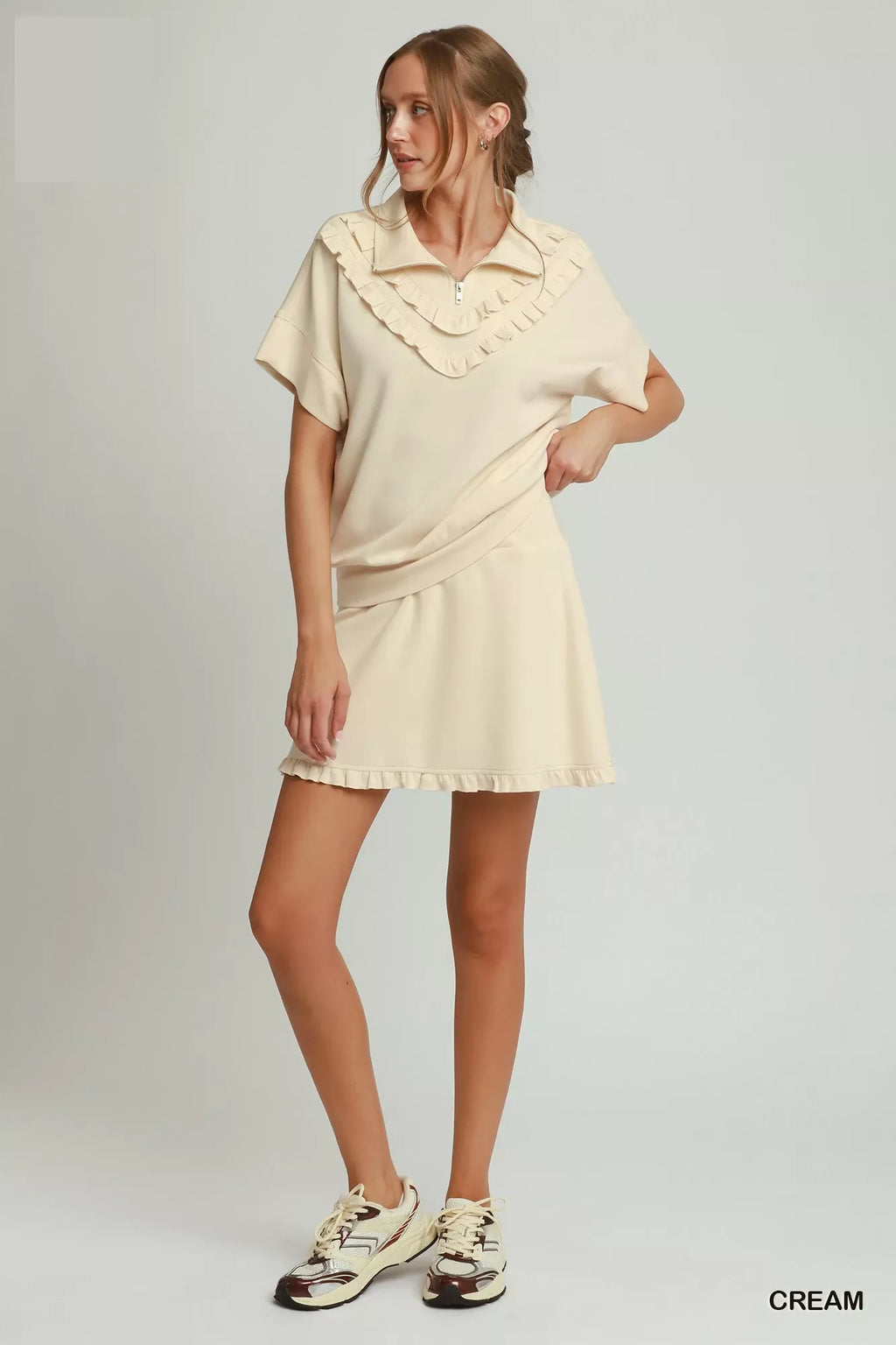 Umgee Ruffle Quarter Zip Short Sleeve Top