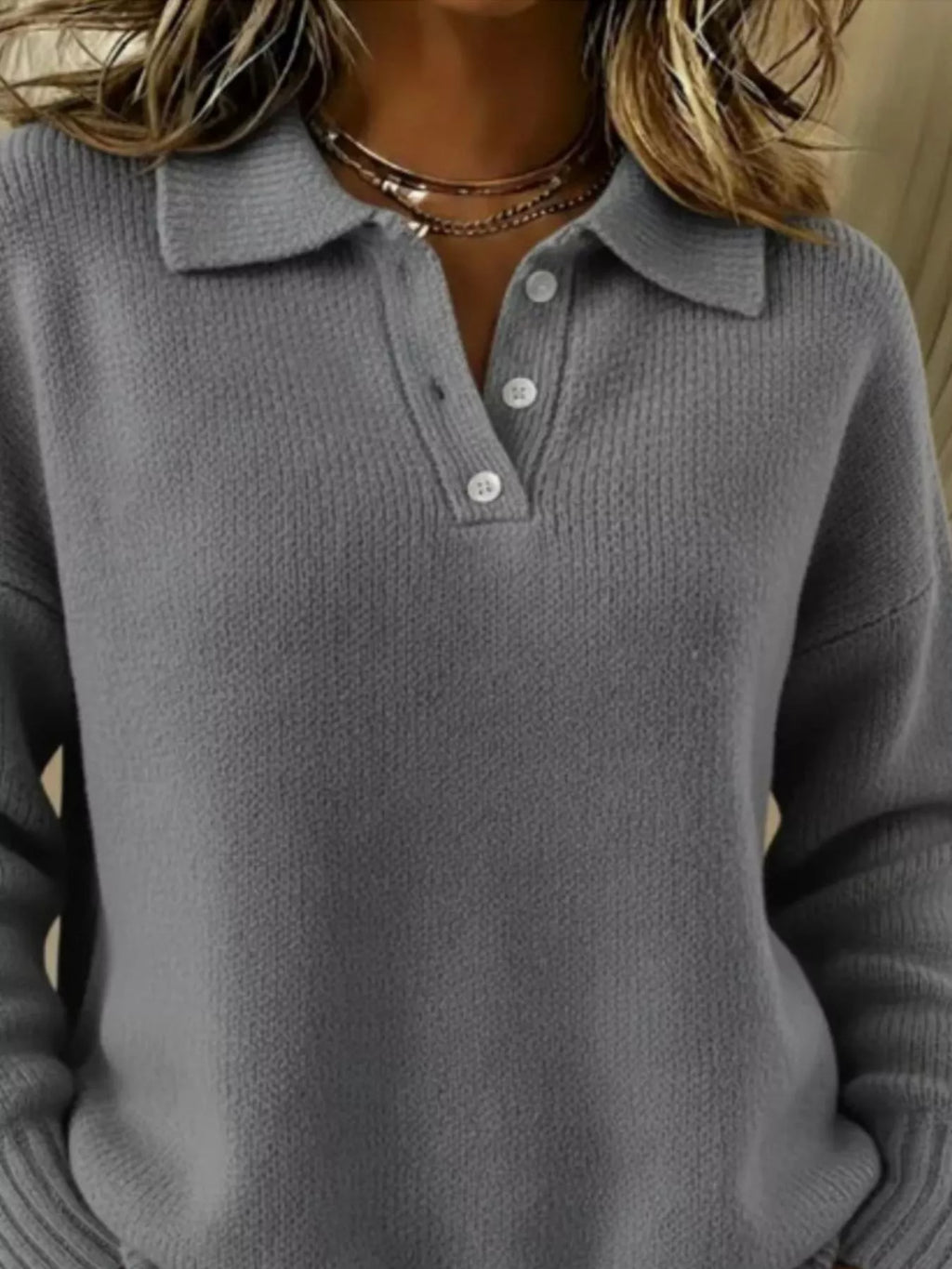 Full Size Half Button Collar Drop Shoulder Sweater Plus Size