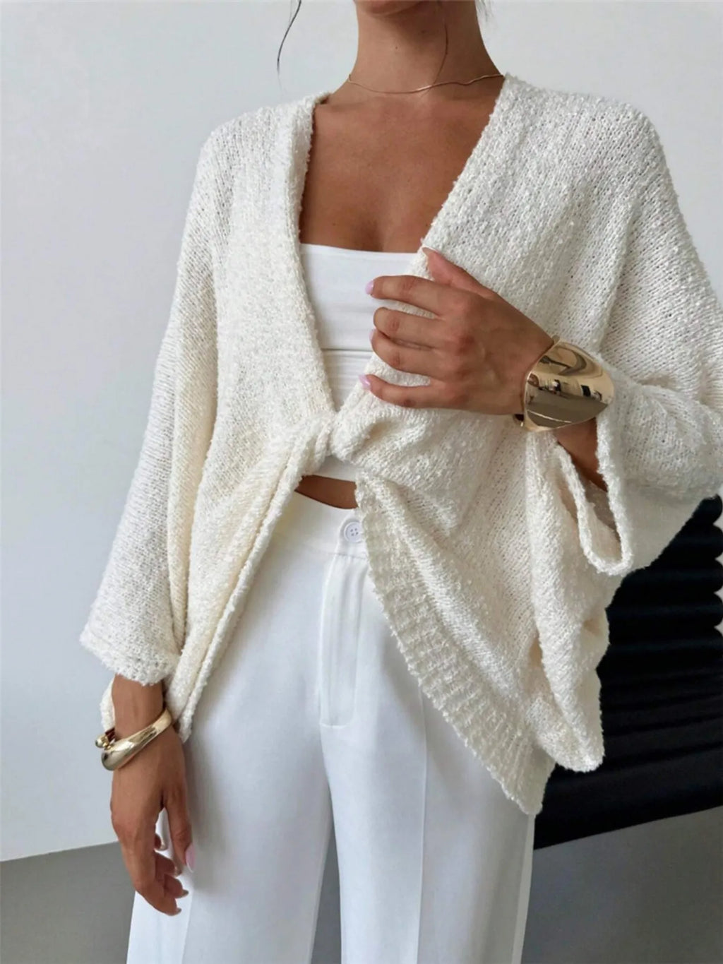 Twist-Front Textured Knit Cardigan