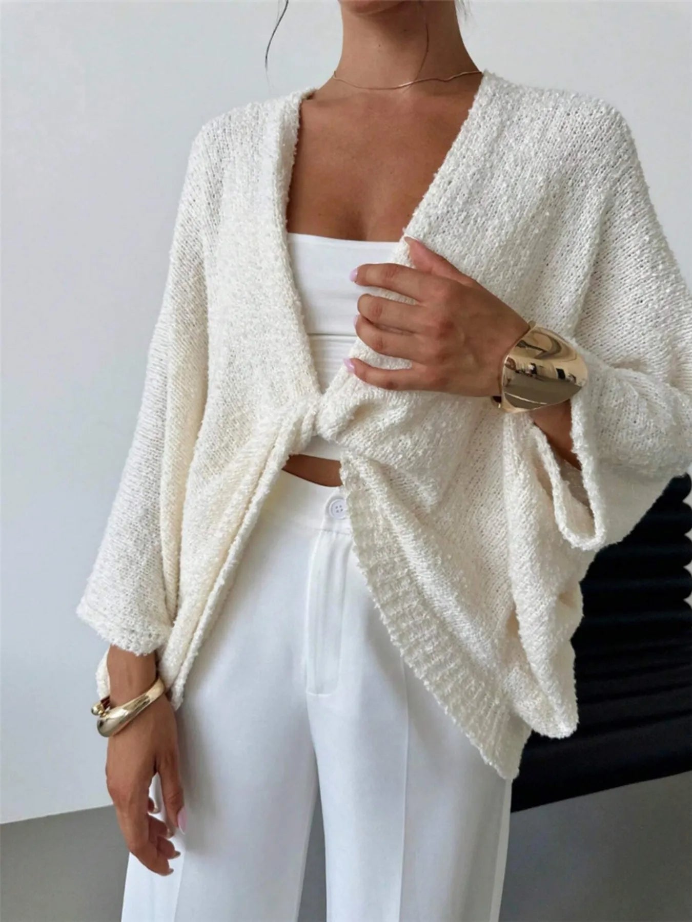 Twist-Front Textured Knit Cardigan