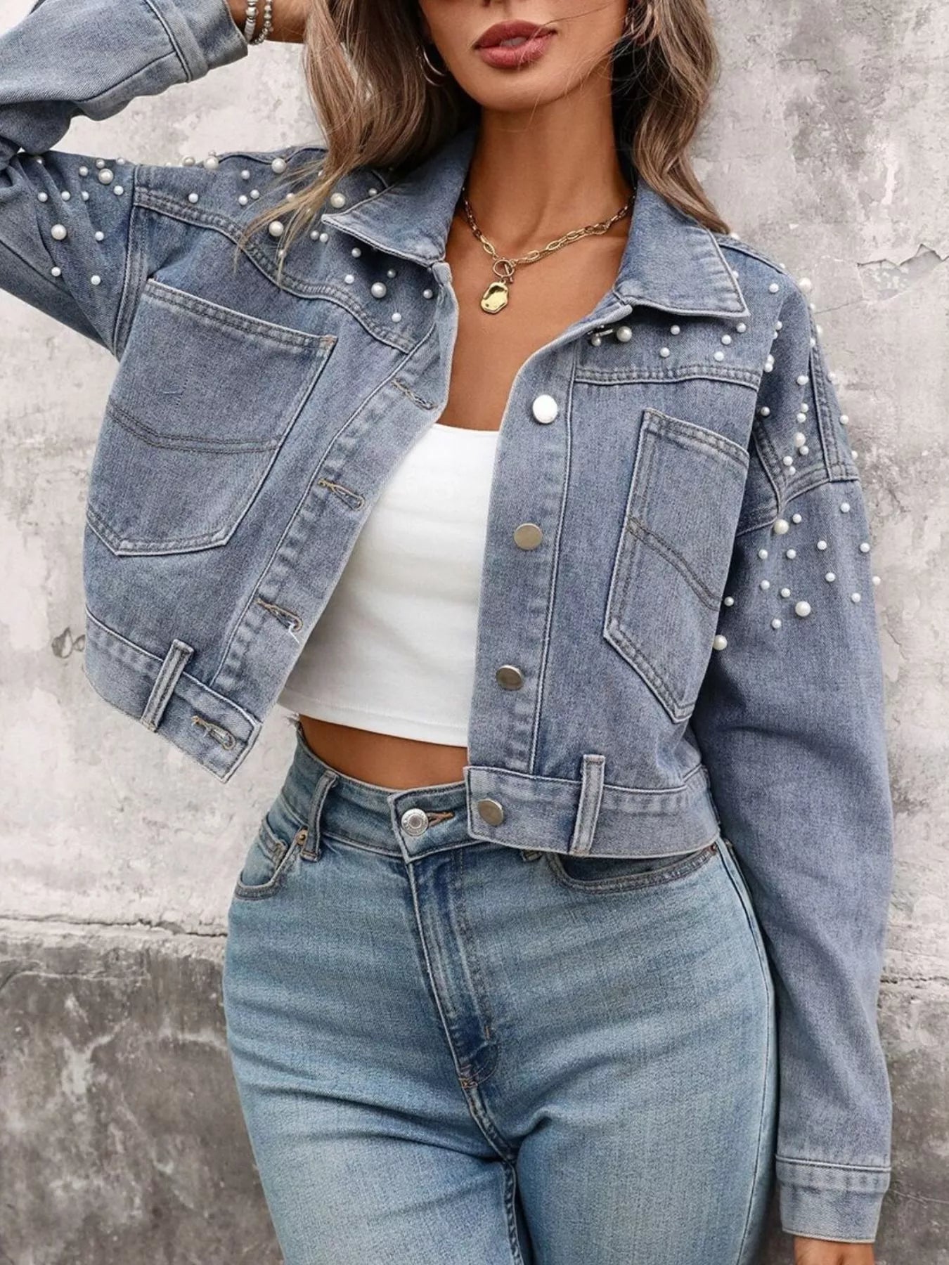 Pearl Embellished Cropped Denim Jacket
