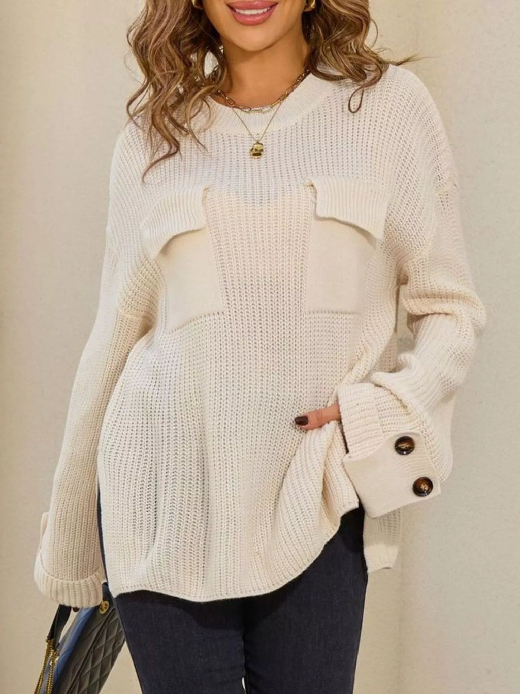 Pocket Detail Round Neck Sweater