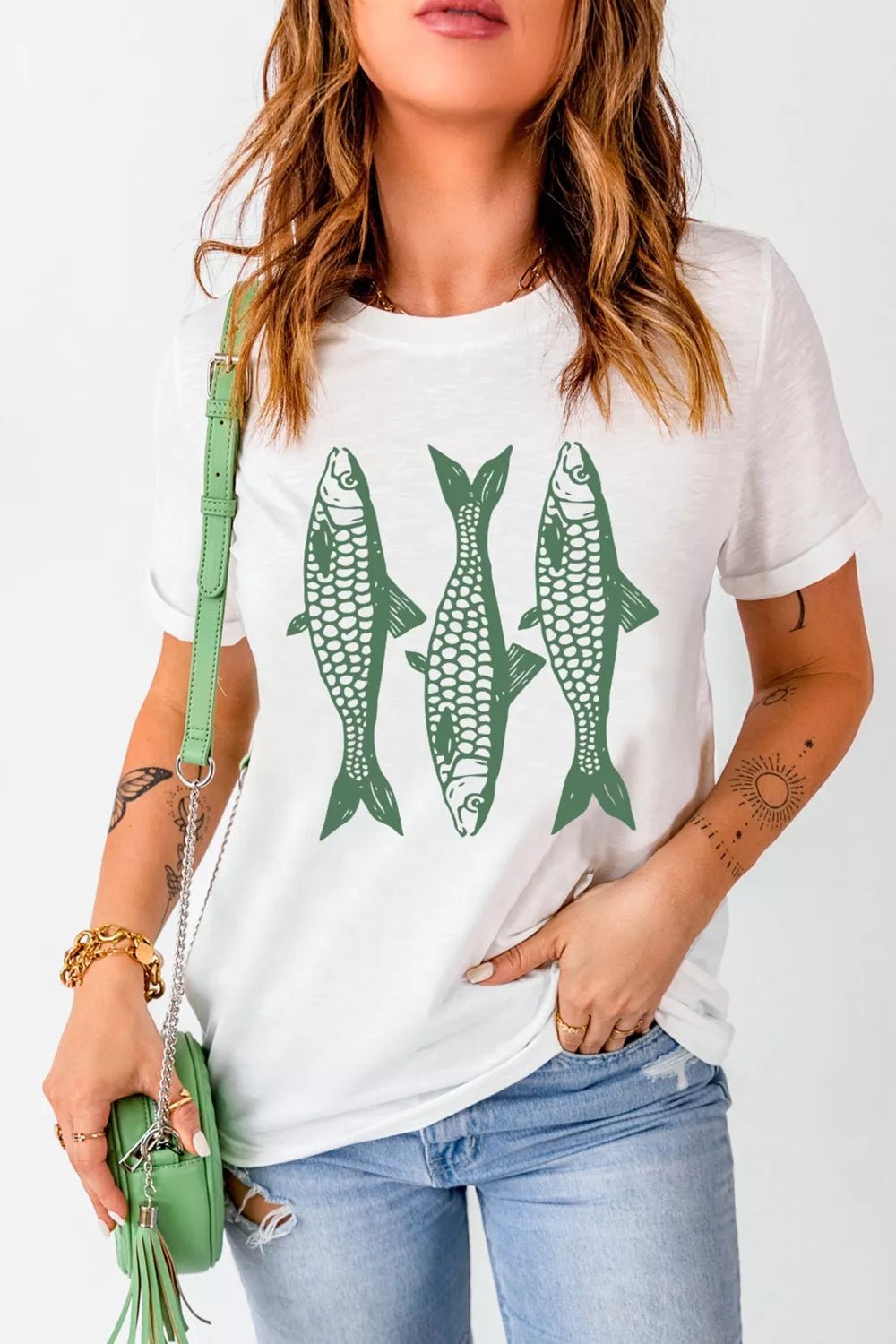 Full Size Unique Fish Graphic Casual Round Neck Tee Plus Size