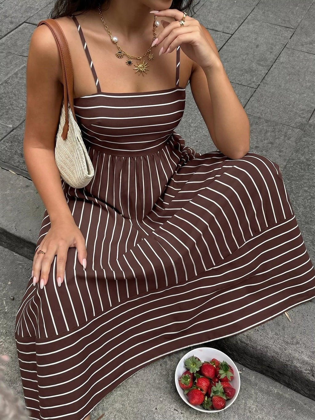 Striped Print Spaghetti Strap Maxi Dress