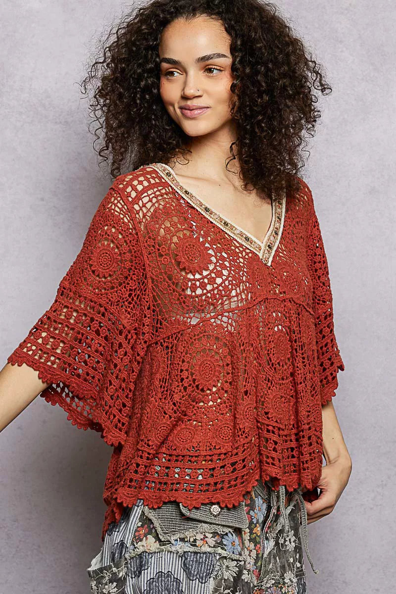 POL V-Neck Crochet Top with Scalloped Hem