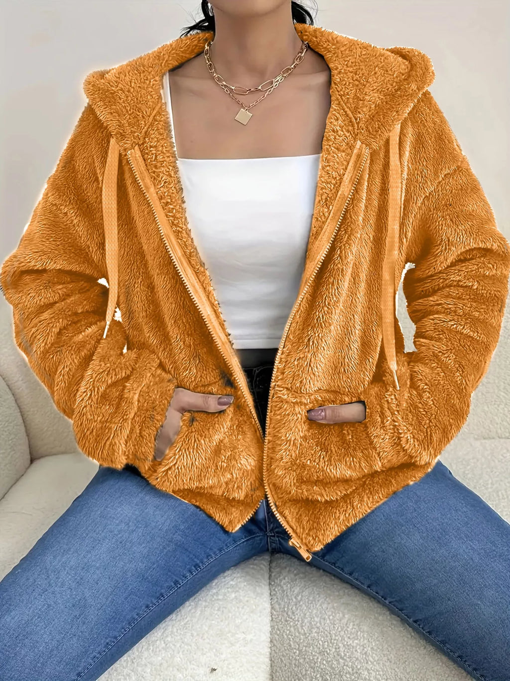 Drawstring Fleece Zip-Up Outerwear