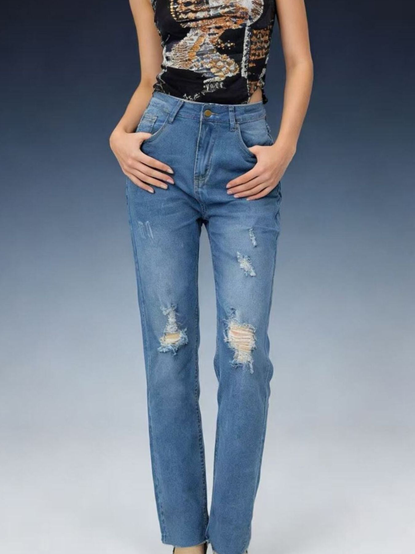 High-Waisted Distressed Jeans