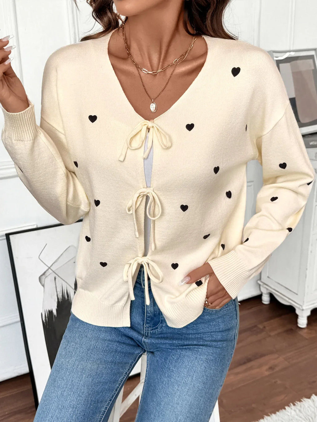 Heart Tie-Front Long Sleeve Cardigan