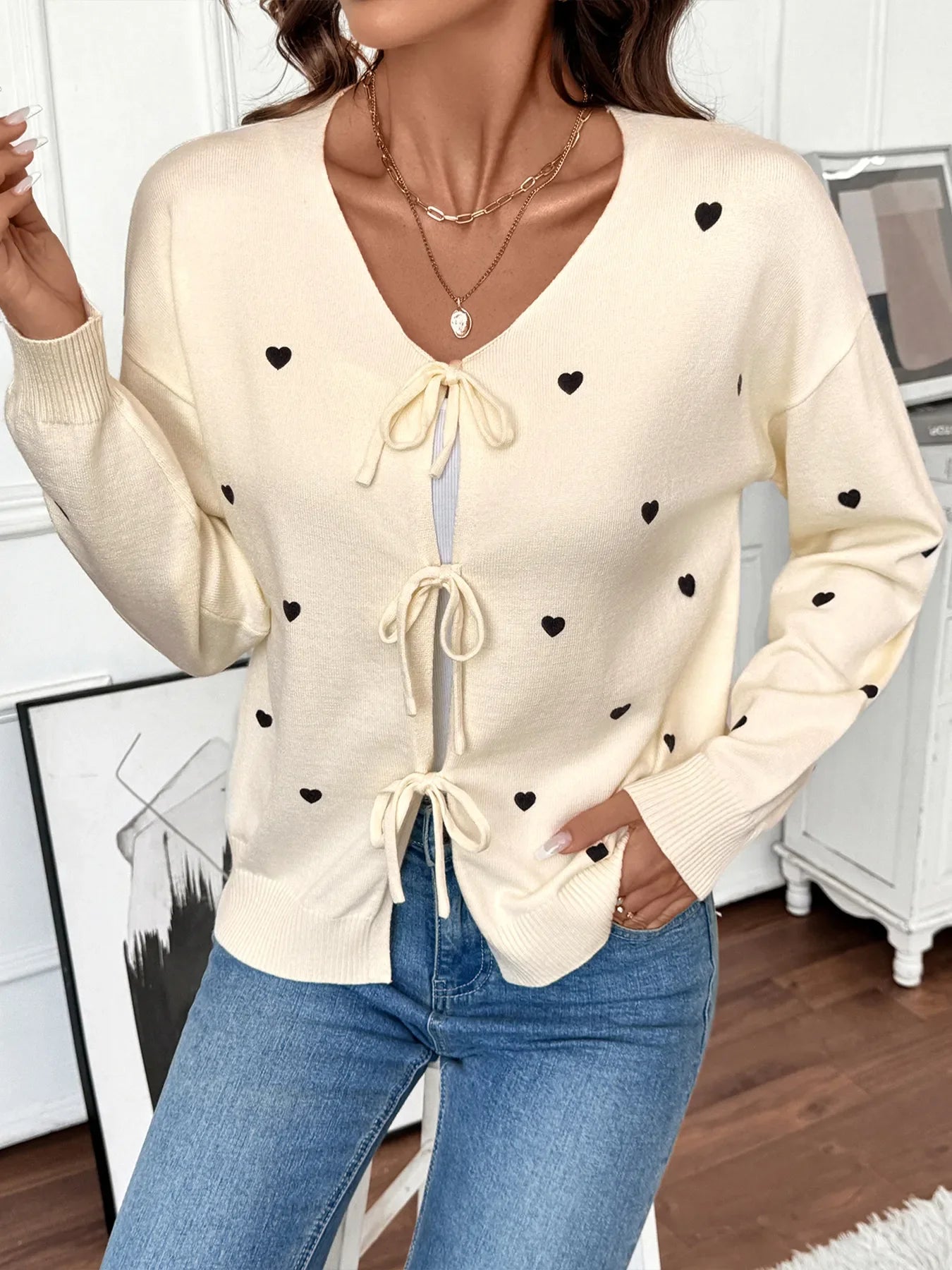 Heart Tie-Front Long Sleeve Cardigan