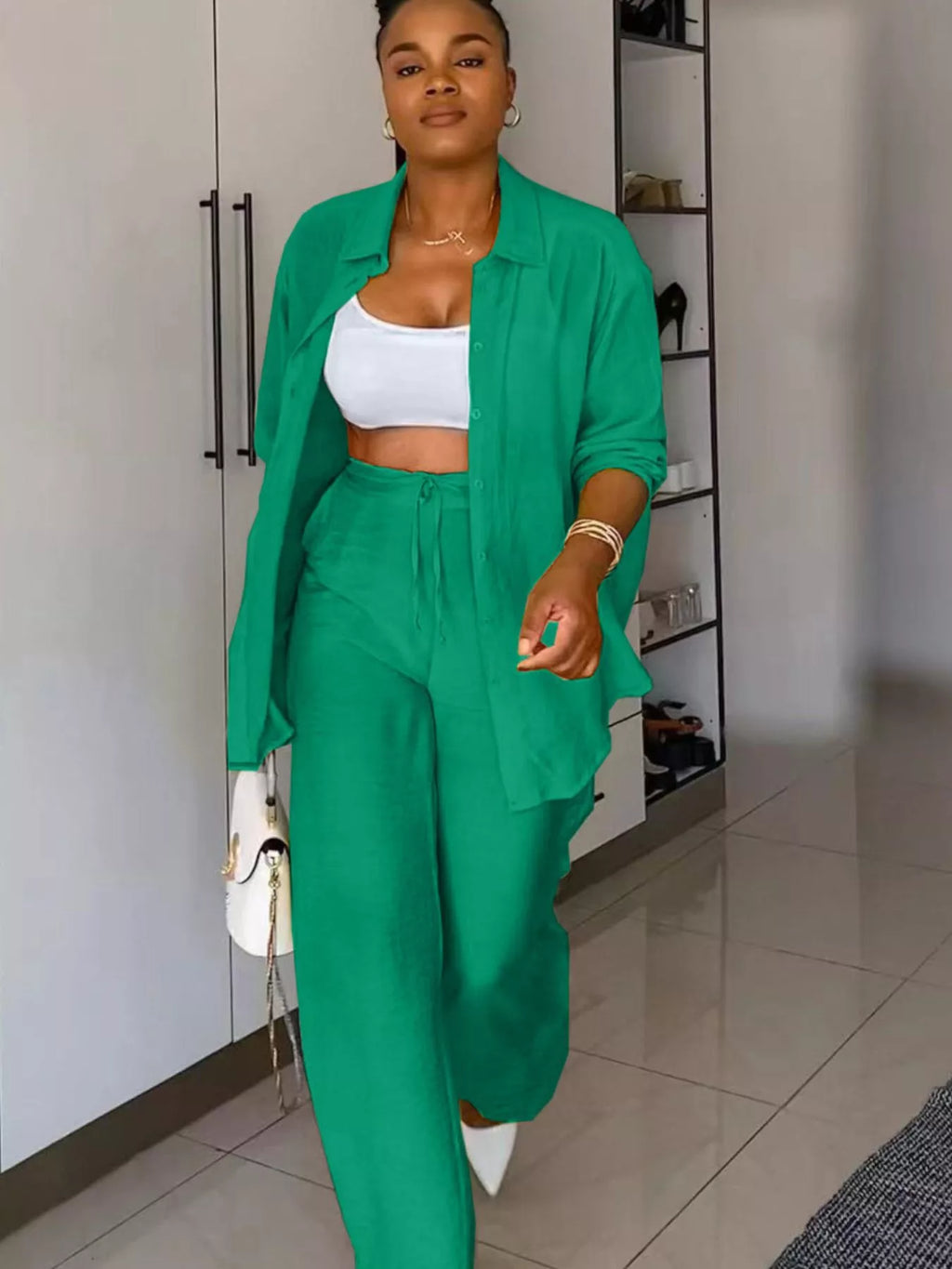 Tie-Front Top and Wide Leg Pants Set