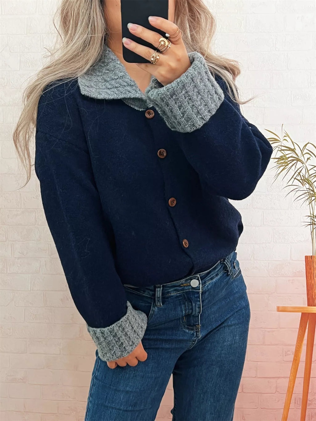 Striped Knit Button Down Cardigan with Collar