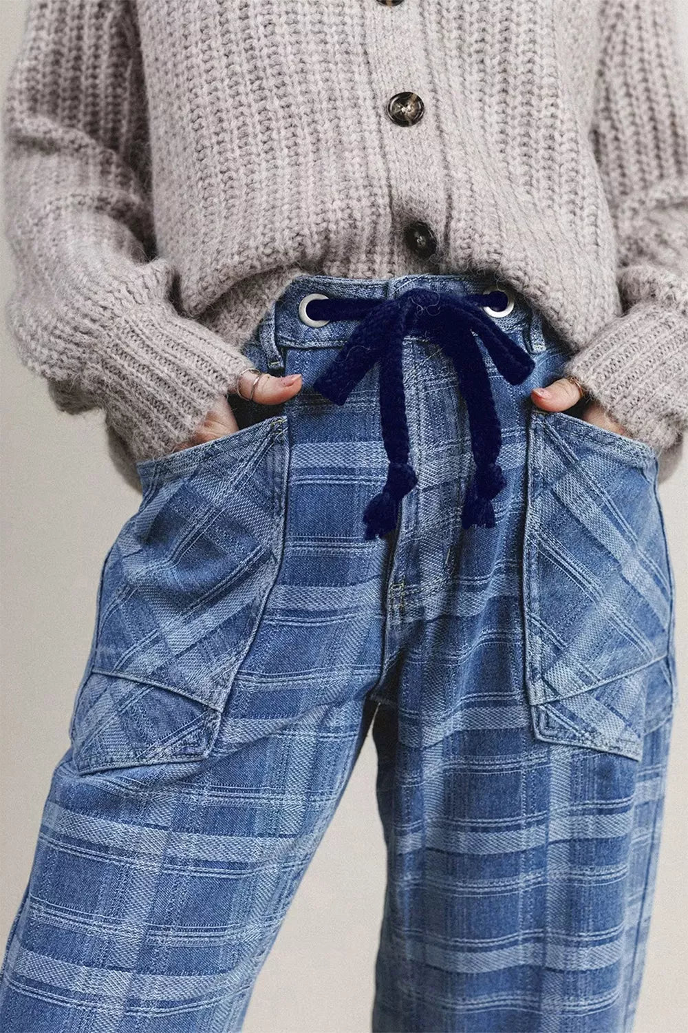 Plaid Denim Grommet Drawstring Waist Ankle-Length Jeans