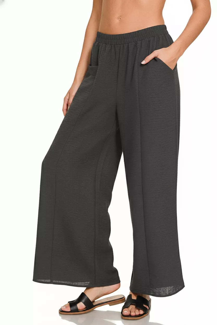 Zenana Woven Airflow Elastic Waistband Pants