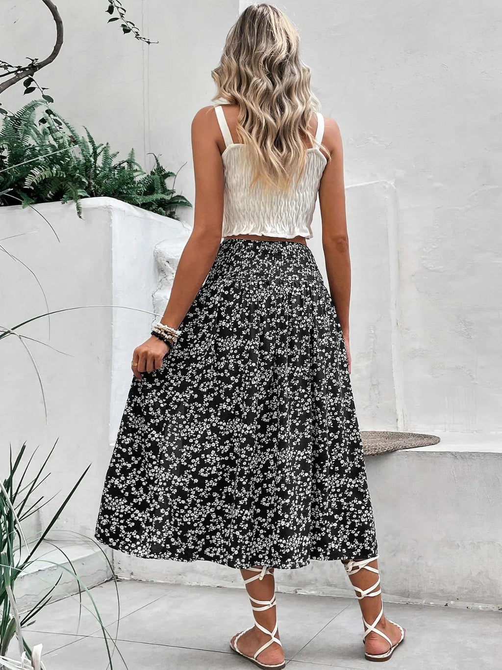 Slit Smocked Printed Skirt
