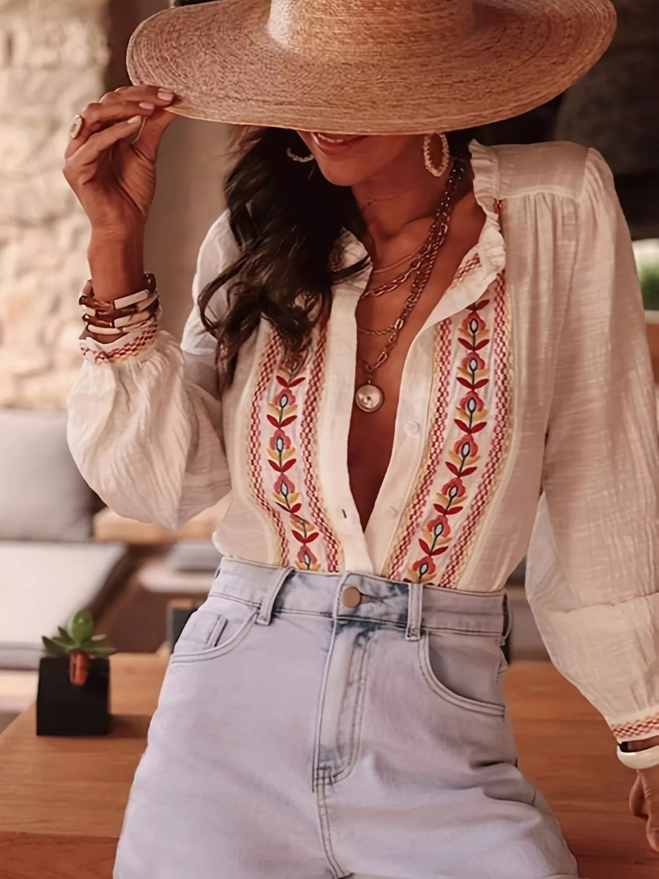 Embroidered Button Up Long Sleeve Shirt