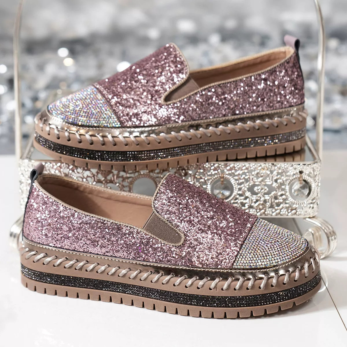 Rhinestone Sequin Round Toe Platform Loafers