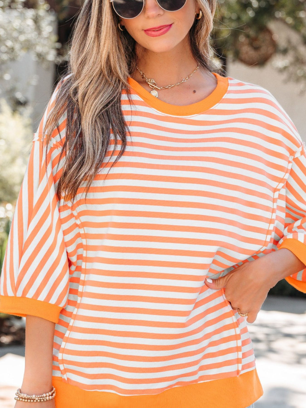 Stripe 3/4 Sleeve Exposed Seam Patchwork Pullover Top