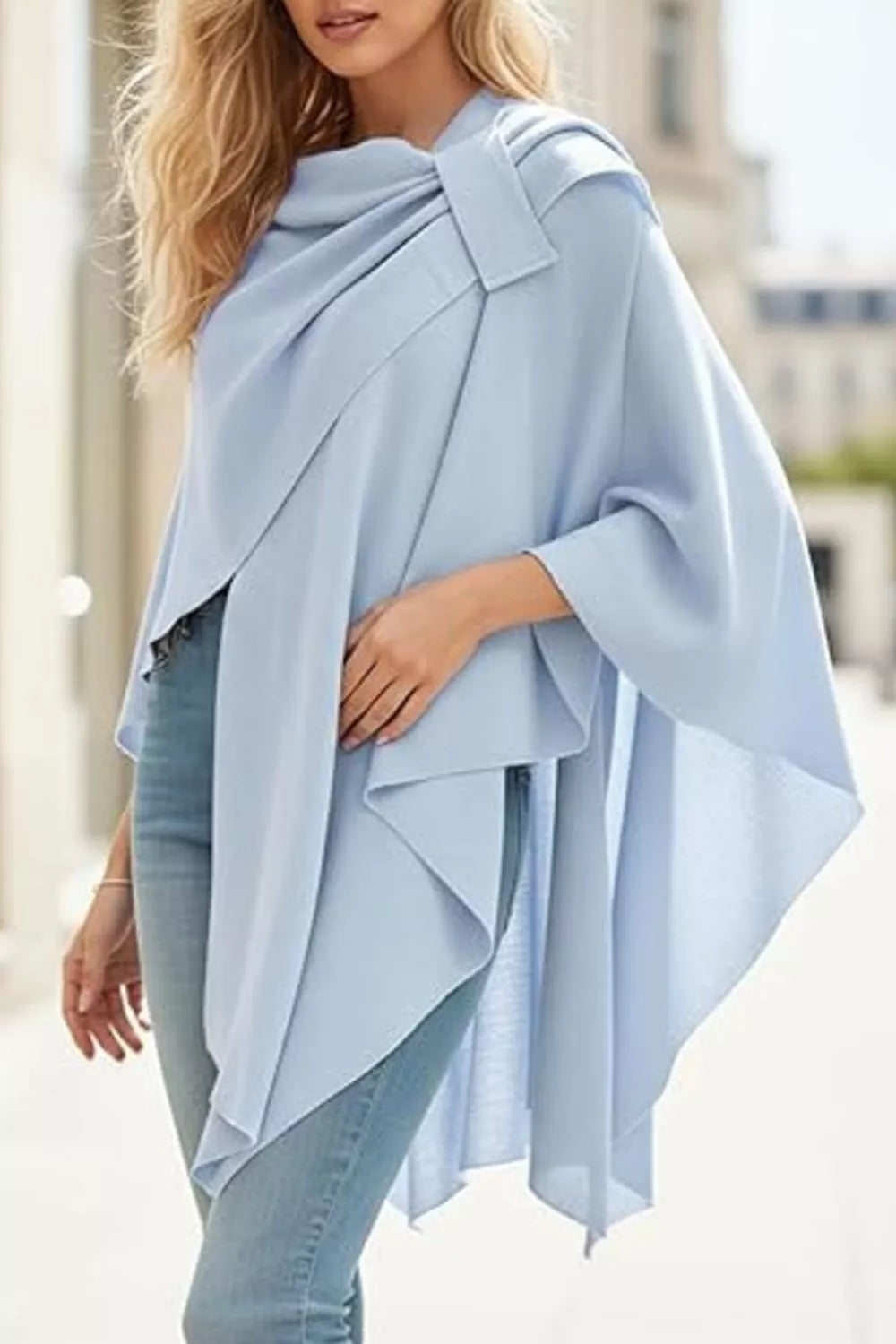 Draped Knitted Split Cape Shawl with Strap