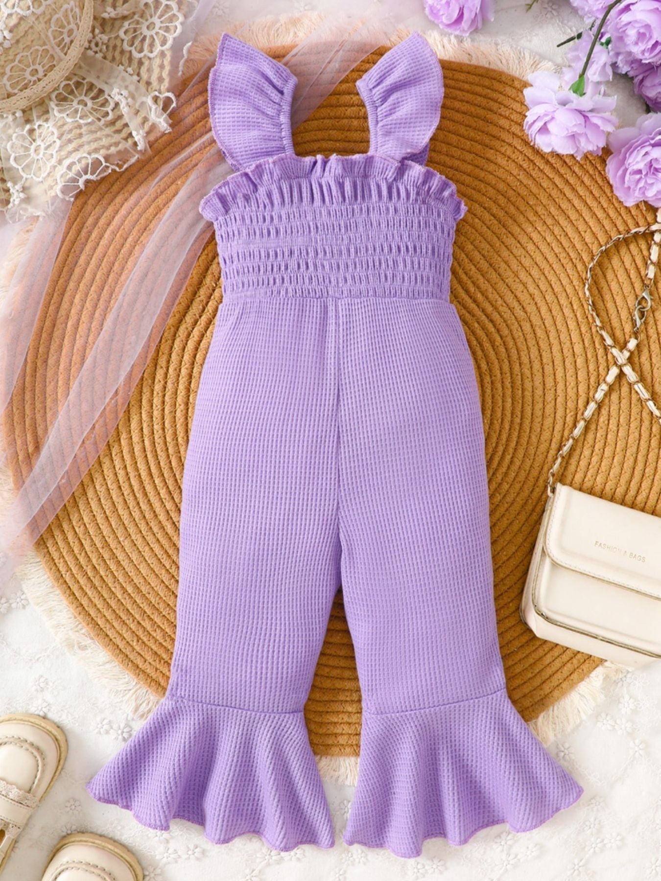 Children's Floral Decor Smocked Ruffle Hem Jumpsuit