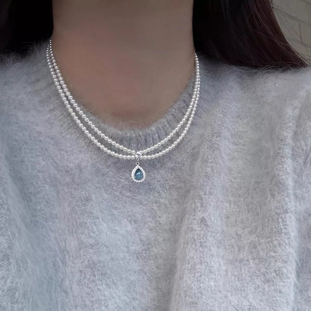 Double Layered Pearl Necklace with Teardrop Pendant