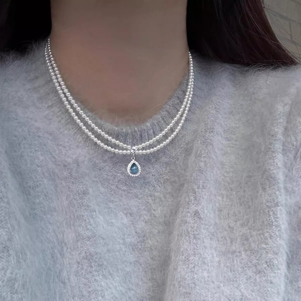 Double Layered Pearl Necklace with Teardrop Pendant