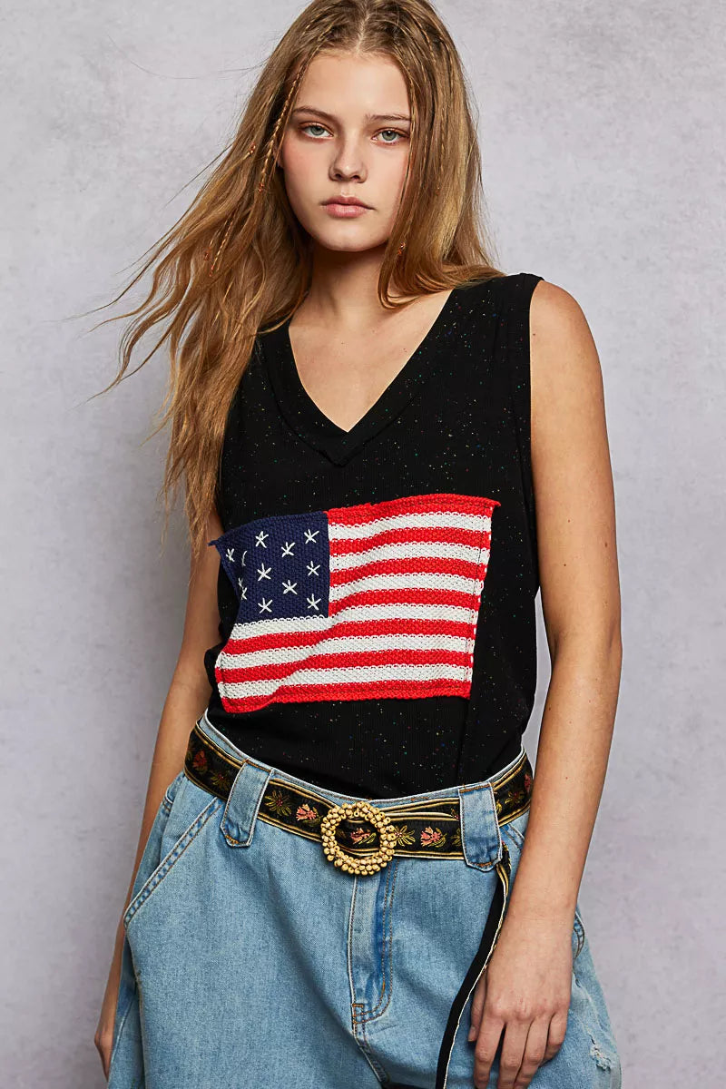 POL V-Neck Ribbed Tank with American Flag Patch and Star Back Patch