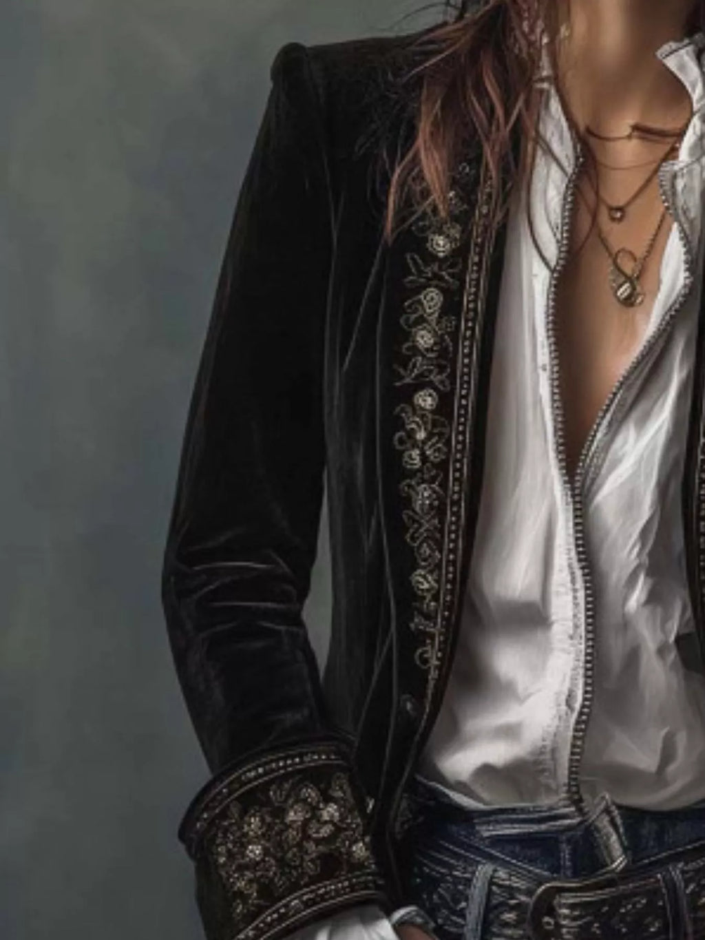 Embroidered Velvet Long Sleeve Outerwear