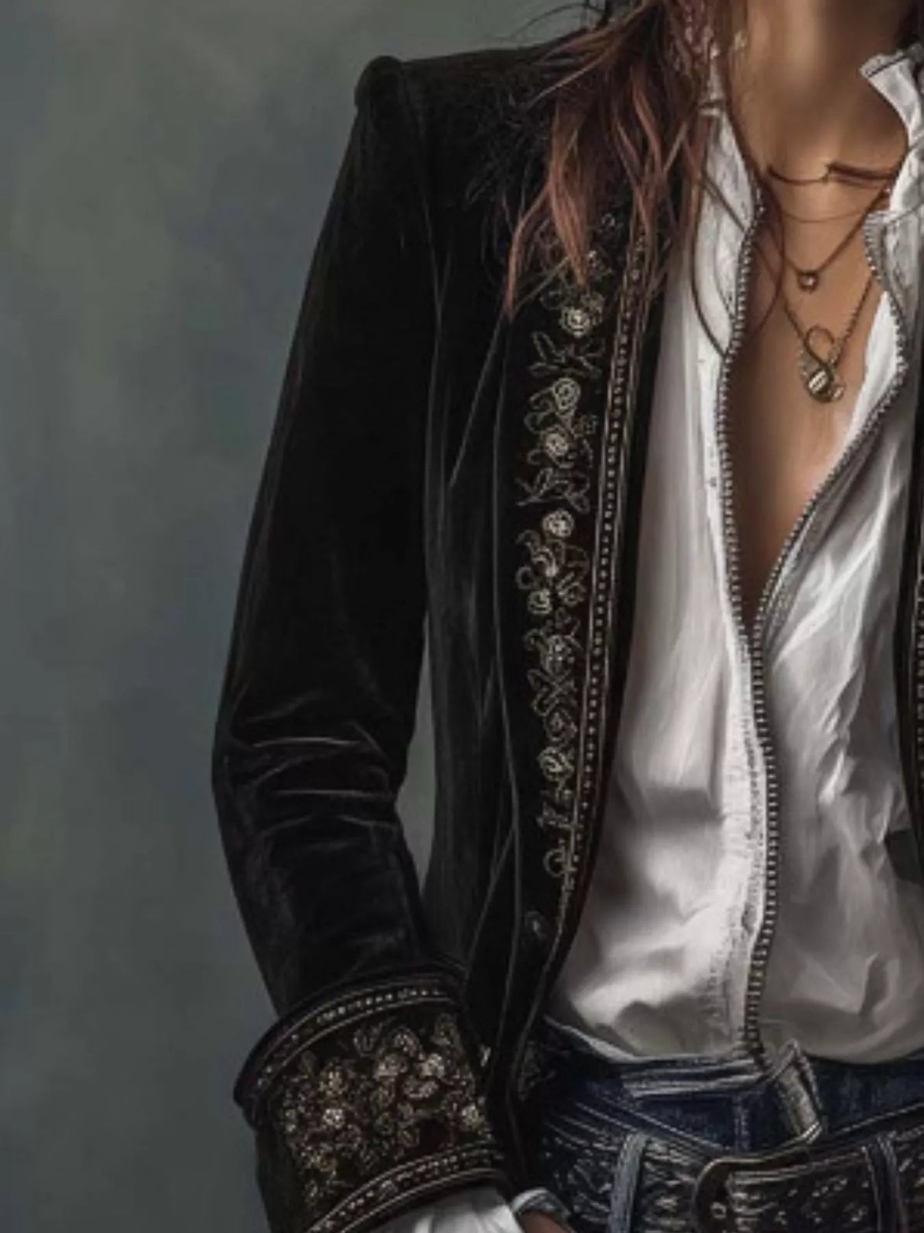 Embroidered Velvet Long Sleeve Outerwear